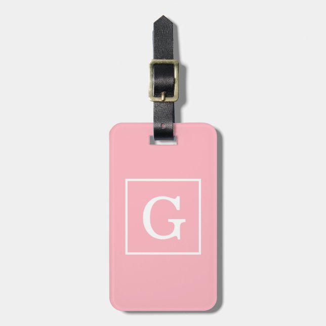 Pink White Framed Initial Monogram Luggage Tag (Front Vertical)