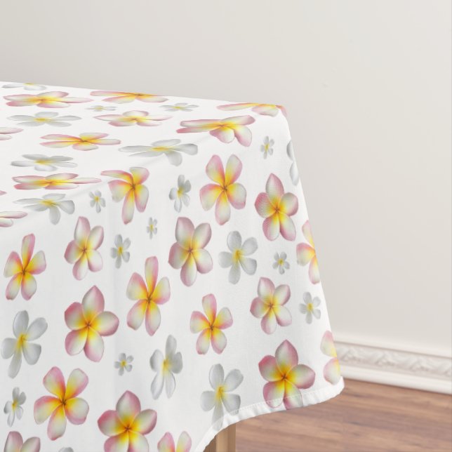 Pink & White Frangipani Plumeria Flowers on White Tablecloth (In Situ)