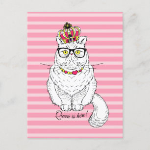 Pink White Geometric Queen Cat Crown Announcement Postcard
