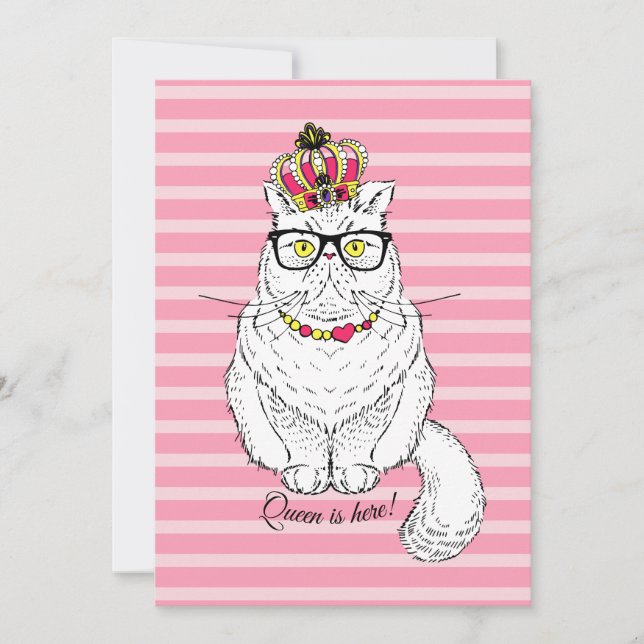 Pink White Geometric Queen Cat Crown Holiday Card (Front)