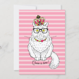 Pink White Geometric Queen Cat Crown Holiday Card