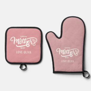 Pink White Gift Happy Mother's Day  Oven Mitt & Pot Holder Set