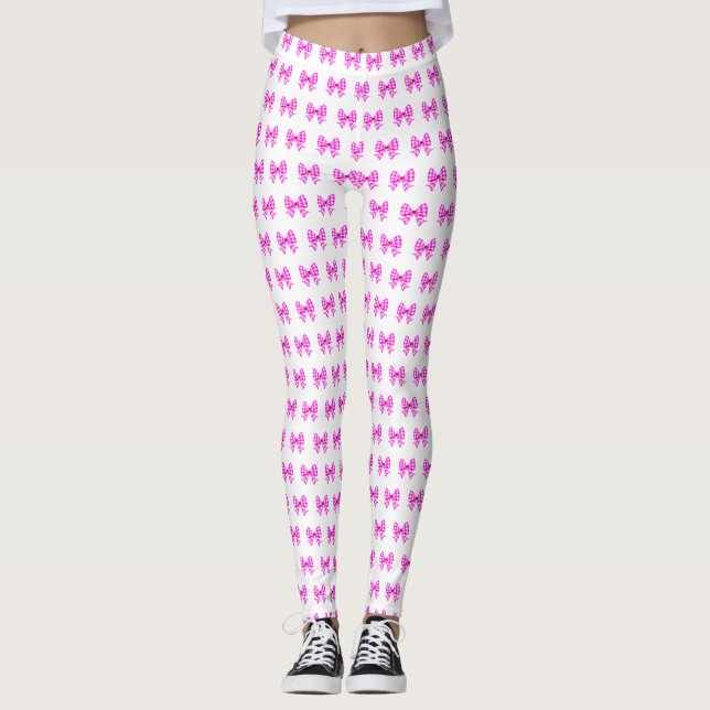 Pink-white gingham bow pattern leggings (Front)