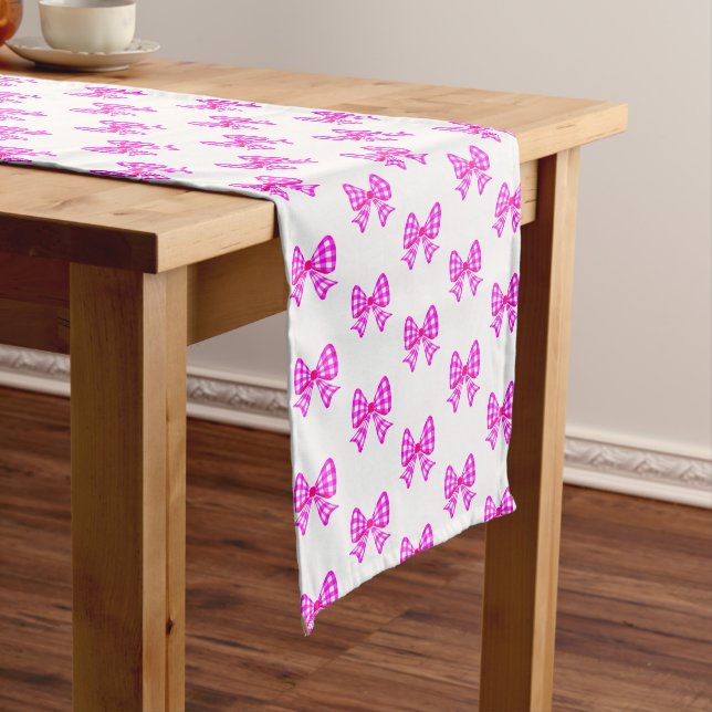 Pink-white gingham bow pattern short table runner (In Situ)