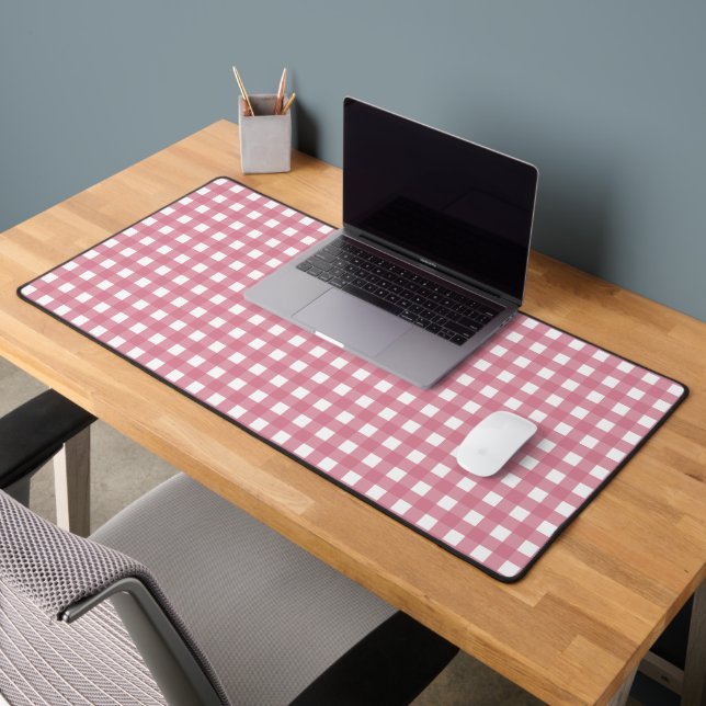 Pink White Gingham Check Plaid Desk Mat (Office 2)