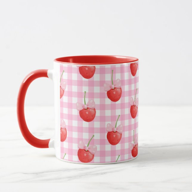 Pink White Gingham Mug Cute Strawberry Print (Left)