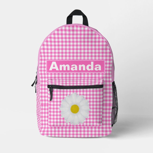 Pink White Gingham Personalised Girls  Printed Backpack (Front)