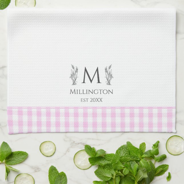 Pink & White Gingham Personalised Monogram Custom Tea Towel (Folded)