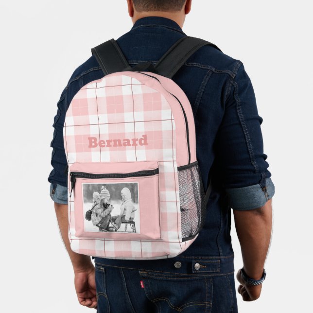 Pink White Gingham Plaid Pattern Name and Photo Printed Backpack (Insitu (Model))