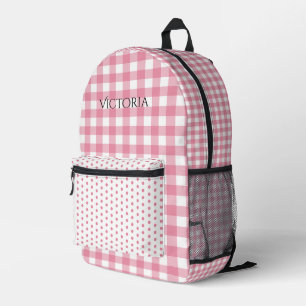 Pink White Gingham Polkadot Personalized Printed Backpack