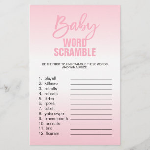 Pink White Girl Baby Shower WORD SCRAMBLE Flyer