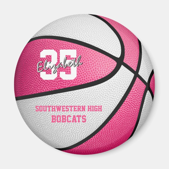 pink white girl's basketball gifts w team name magnet (Front)