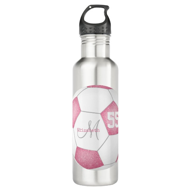 pink white girly soccer name jersey number 710 ml water bottle (Front)