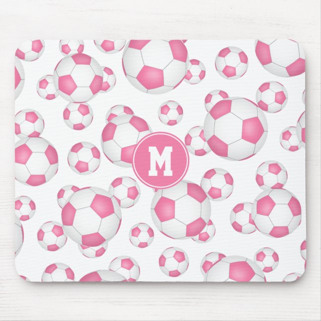 pink white girly sports soccer balls pattern mouse mat (Front)