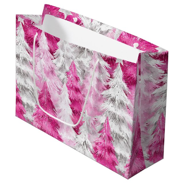 Pink White Glam Christmas Trees   Large Gift Bag (Front Angled)