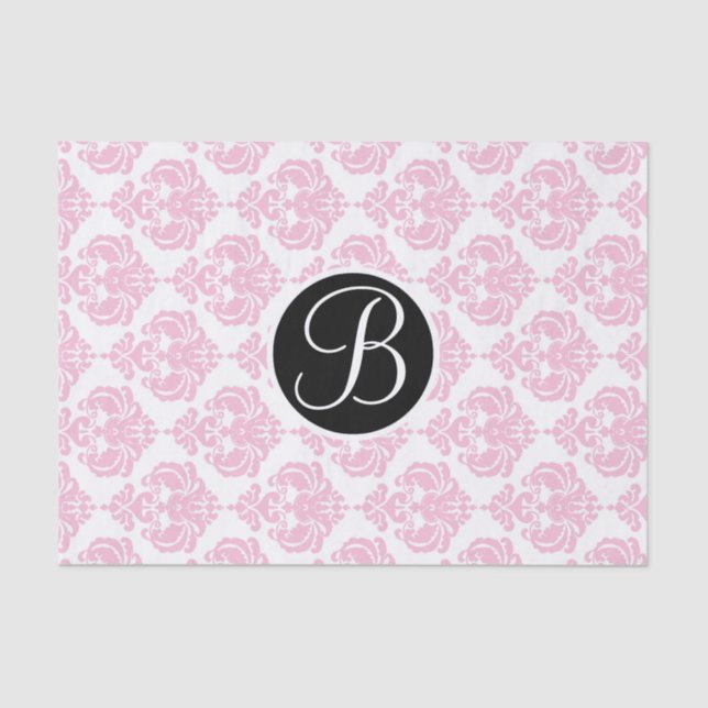 Pink & White Glam Damask Monogram Letter Initial Tissue Paper (Front)
