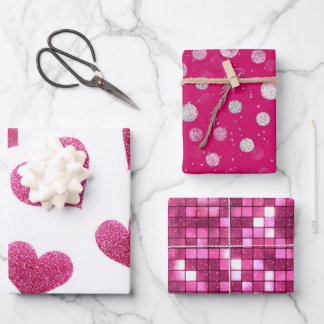 Pink White Glitter Heart Checkered  Wrapping Paper Sheet