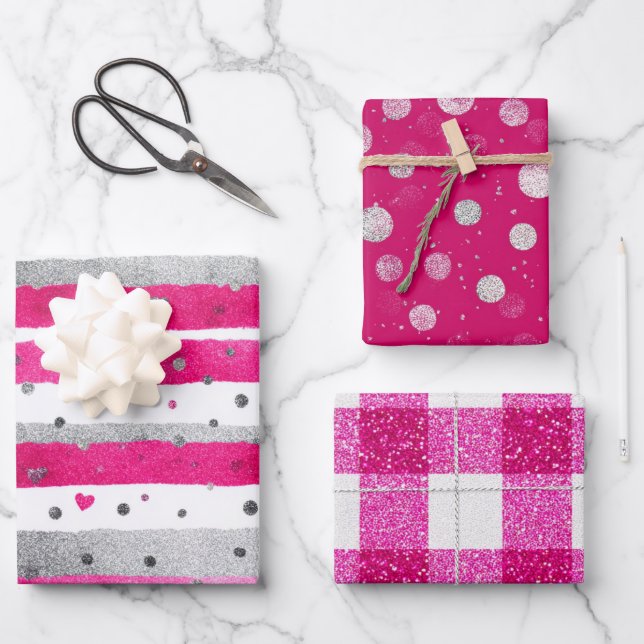 Pink White Glitter Heart Checkered  Wrapping Paper Sheet (Front)