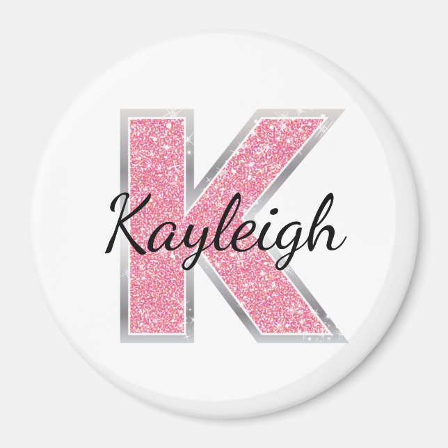 Pink White Glitter letter K Magnet (Front)
