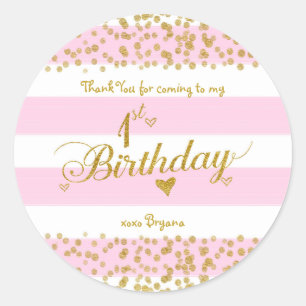 Pink White & Gold 1ST BIRTHDAY Party Girl Stickers