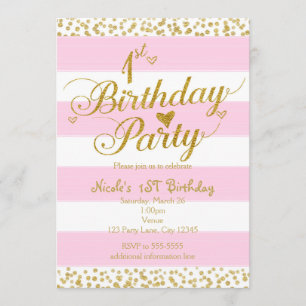 Pink White & Gold 1st BIRTHDAY PARTY Invitations