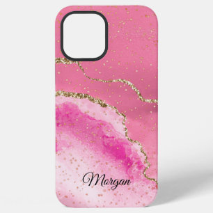 Pink White Gold Agate & Gold Stars, DIY Name Black iPhone 12 Pro Max Case