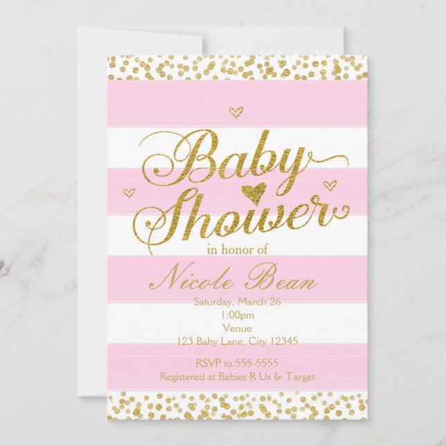 Pink White & Gold BABY SHOWER Girl Invitations (Front)