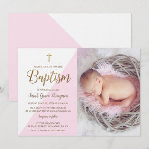 Pink White Gold Baptism baby girl photo Invitation