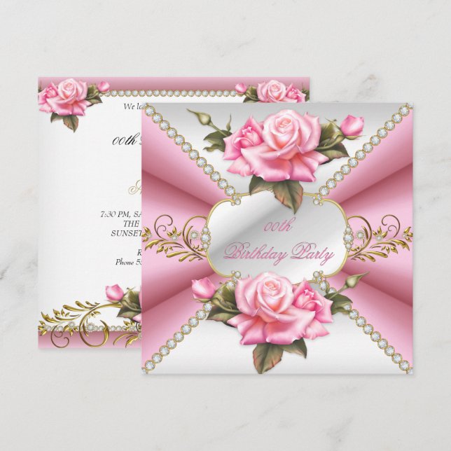 Pink White Gold Beautiful Birthday Party Invitation (Front/Back)