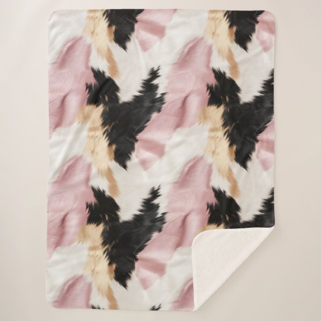 Pink White Gold Black Cowhide Animal Sherpa Blanket (Front)