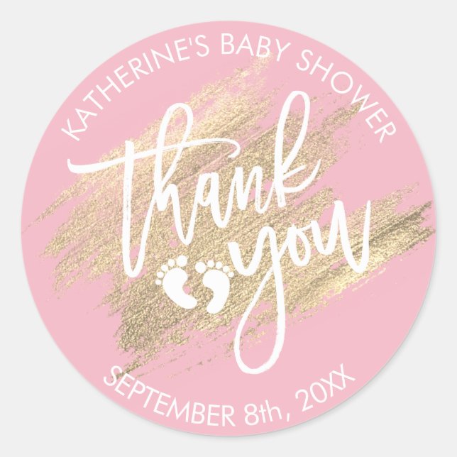 Pink White Gold Brush Stroke Baby Shower Classic Round Sticker (Front)