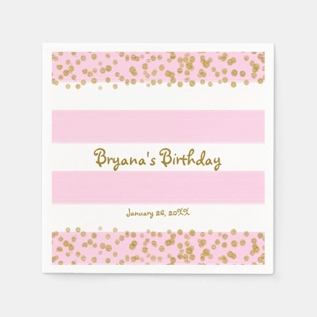 Pink White & Gold Confetti BIRTHDAY Party Napkins (Front)