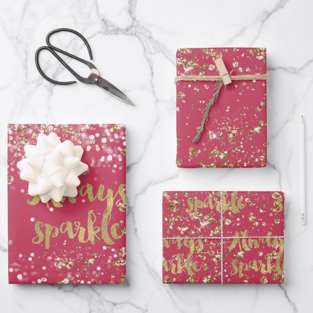 Pink White Gold Confetti Sparkle Wrapping Paper Sheet (Front)