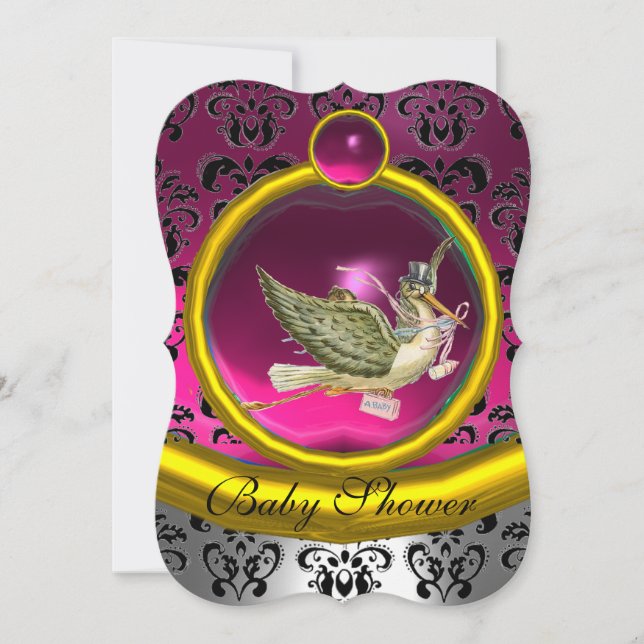 PINK WHITE GOLD DAMASK STORK BABY SHOWER MONOGRAM INVITATION (Front)