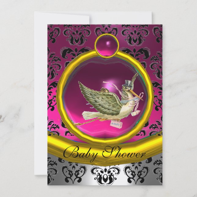 PINK WHITE GOLD DAMASK STORK BABY SHOWER MONOGRAM INVITATION (Front)