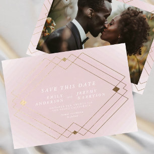 Pink & White   Gold Deco Lines Save The Date Announcement