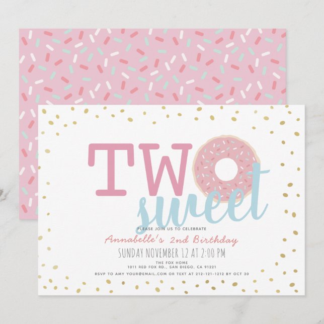 Pink White Gold Doughnut Two Sweet Girl 2nd Birthd Invitation (Front/Back)
