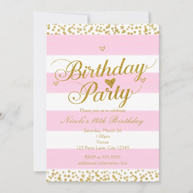 Pink White & Gold Heart BIRTHDAY PARTY Invitations (Front)