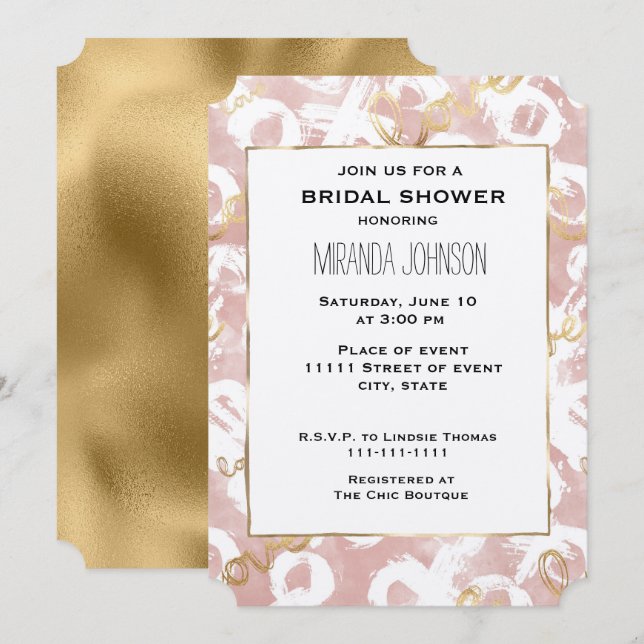 Pink White Gold Love XO Bridal Shower Invitation (Front/Back)