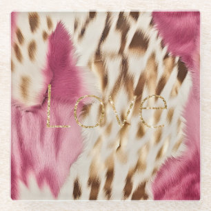 Pink White Gold Southwest Cowgirl Glitter Love Glass Coaster