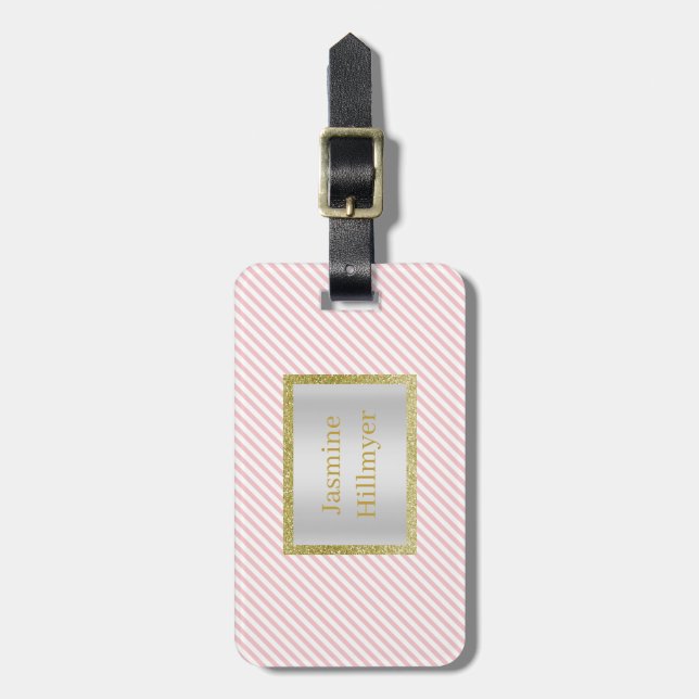 PINK WHITE GOLD STRIPE GLITTER CUSTOM LUGGAGE TAG (Front Vertical)