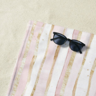 Pink White Gold Stripes Beach Towel