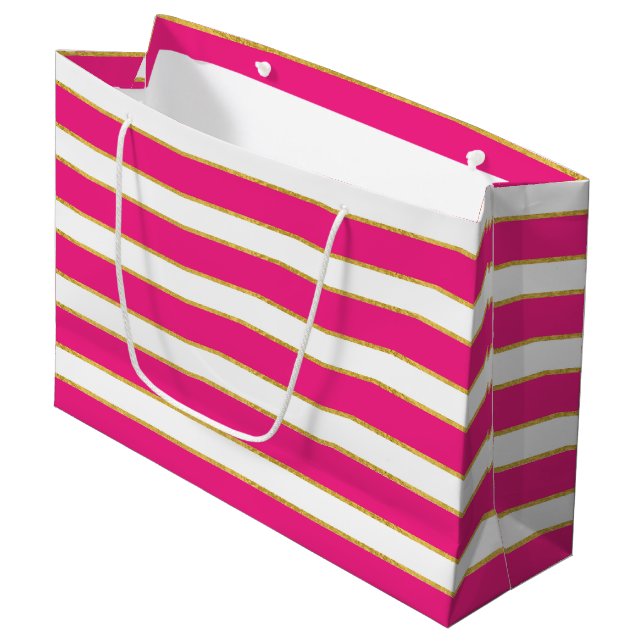 PINK WHITE GOLD STRIPES LARGE GIFT BAG (Front Angled)
