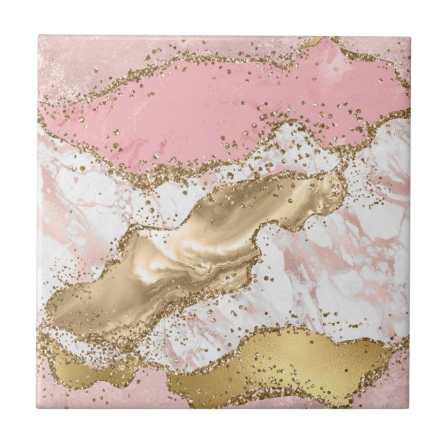 Pink White Golden Mauve Glitter Marbled Agate Tile (Front)