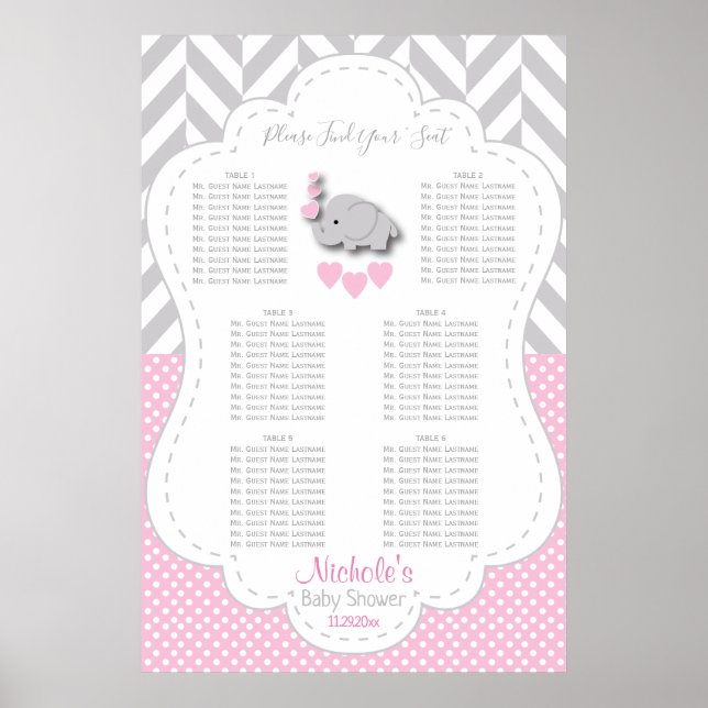 Pink, White Gray Elephant - 6 Seating Chart (Front)