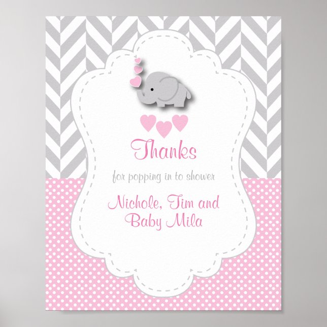 Pink, White Gray Elephant Baby Shower Thank You Poster (Front)