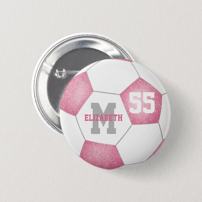pink white gray girly soccer personalized 6 cm round badge (Front & Back)