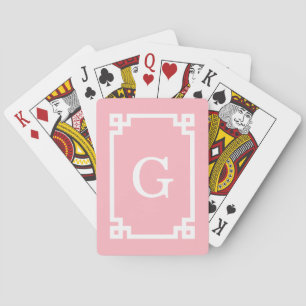 Pink White Greek Key Frame #2 Initial Monogram Playing Cards