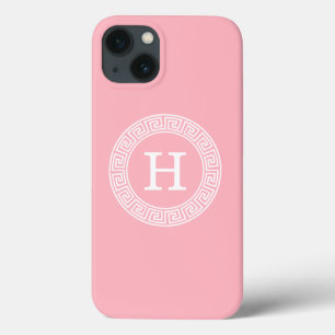 Pink White Greek Key Rnd Frame Initial Monogram iPhone 13 Case