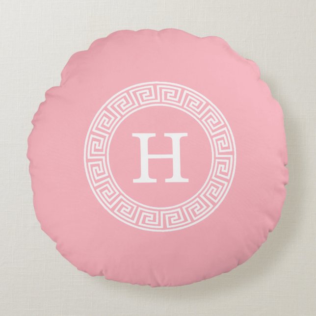 Pink White Greek Key Rnd Frame Initial Monogram Round Cushion (Front)